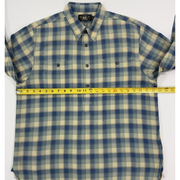 RRL Double RL Ralph Lauren Mens Popover Shirt Sz Large Blue Plaid Long Sleeve - Picture 6 of 12